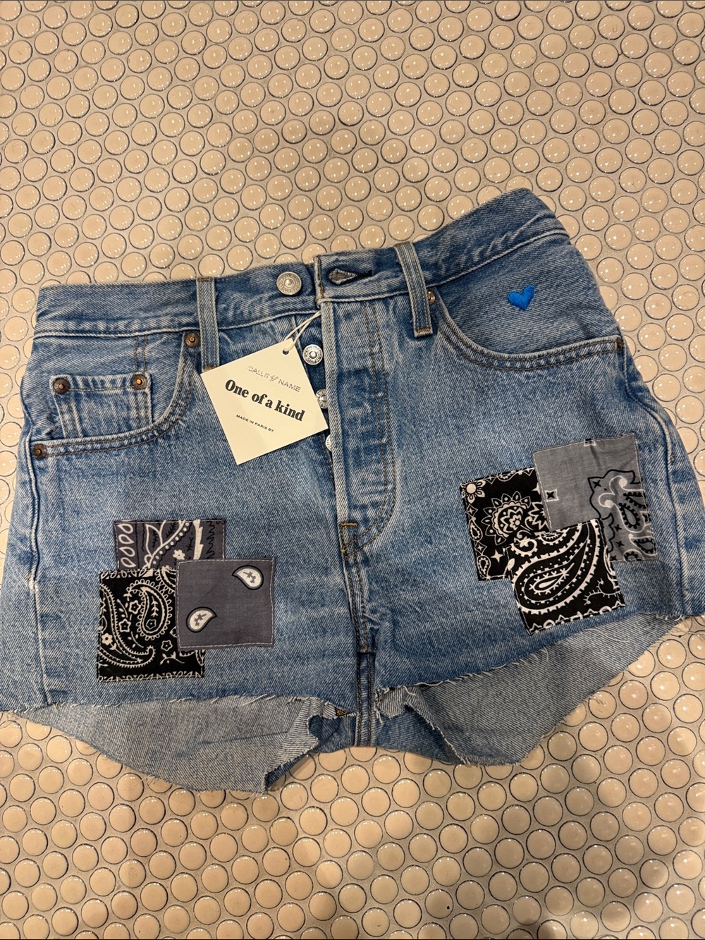 Call in by your came Blue Denim Patchwork Shorts, NWT size 36, fits like a 2